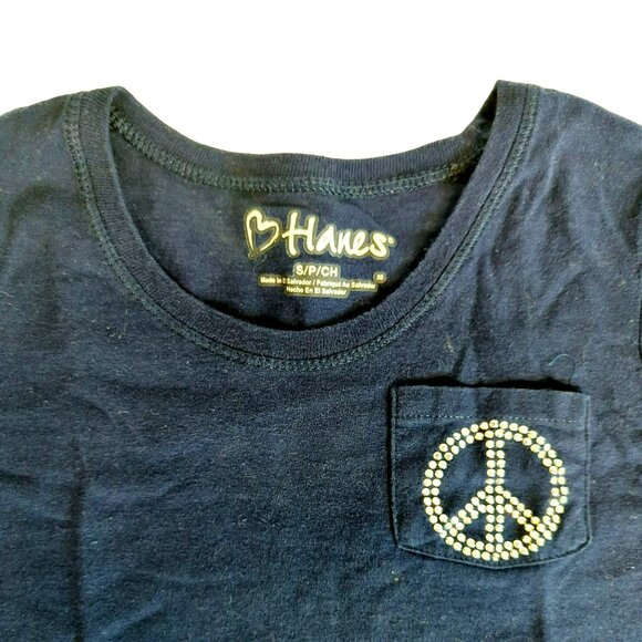 Hanes Girls Navy Blue Peace Sign Pocket T-Shirt Size Small - Picture 3 of 3